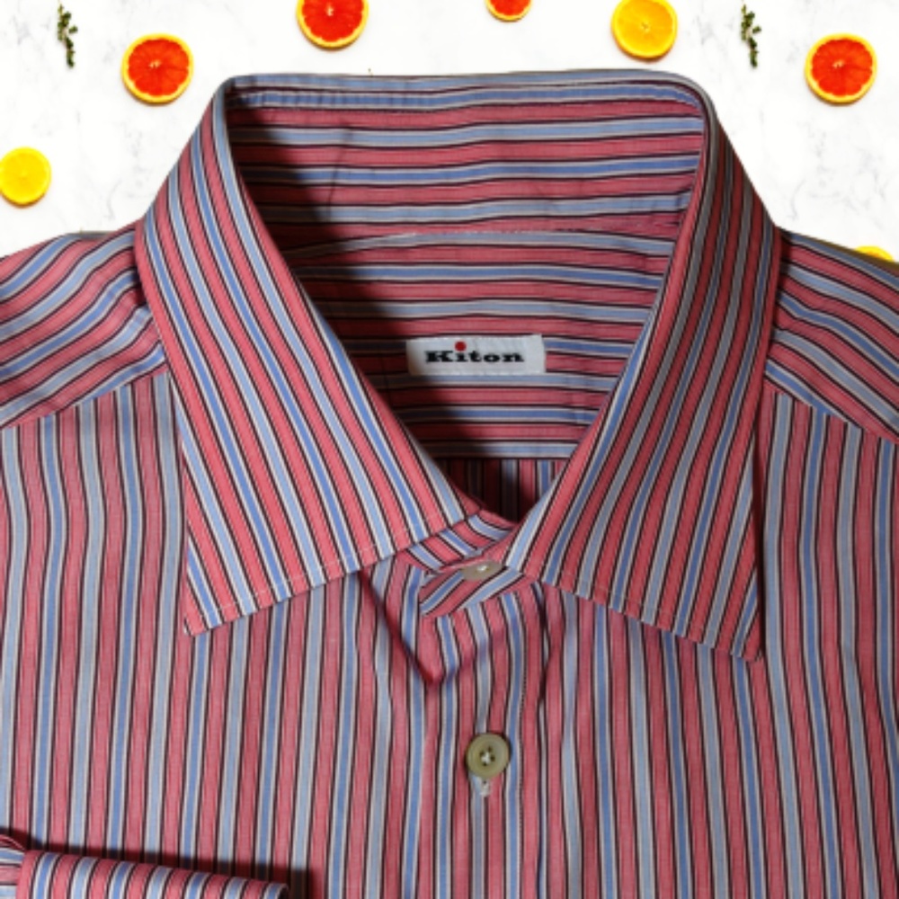 Kiton Long Sleeve Blue Salmon Pink Shirt XL